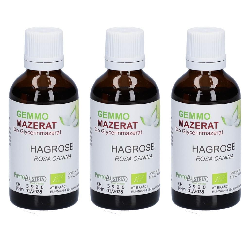 Drei Flaschen PhytoAustria Gemmo Mazerat Hagrose Bio Glycerinmazerat mit weißen Verschlüssen und Etiketten.