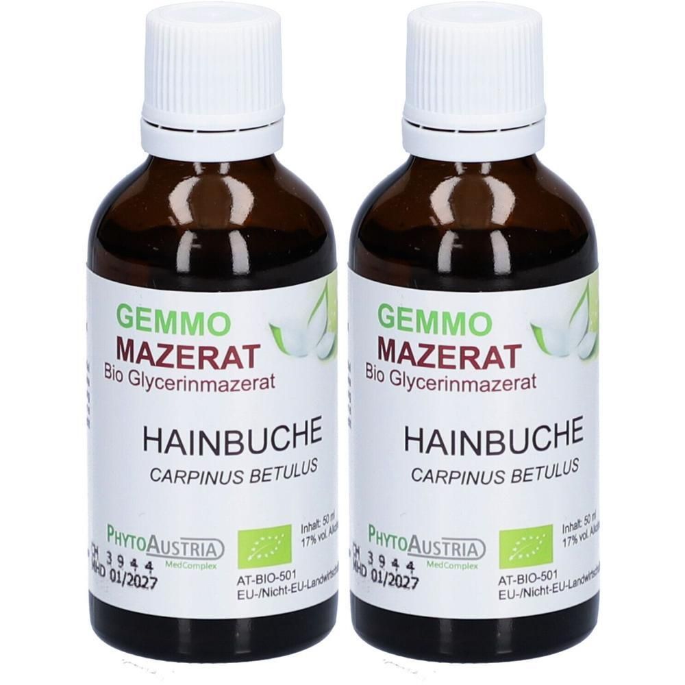Zwei Flaschen Gemmo Mazerat Hainbuche Bio Glycerinmazerat von PhytoAustria mit Bio-Siegel.