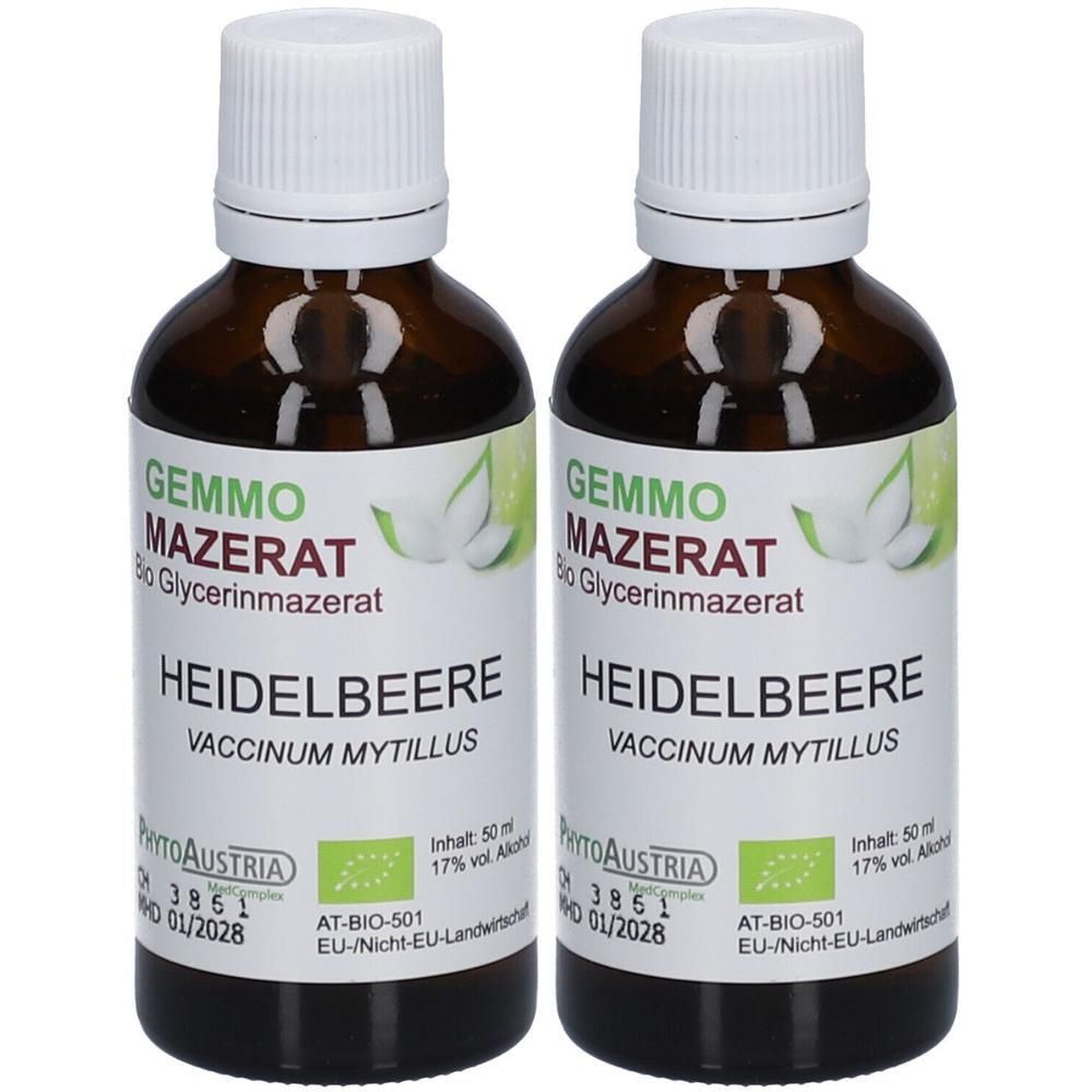 Zwei Flaschen Heidelbeer Gemmo Mazerat Bio Glycerinmazerat von PhytoAustria. Dunkelbraune Glasflaschen mit weißen Verschlüssen.