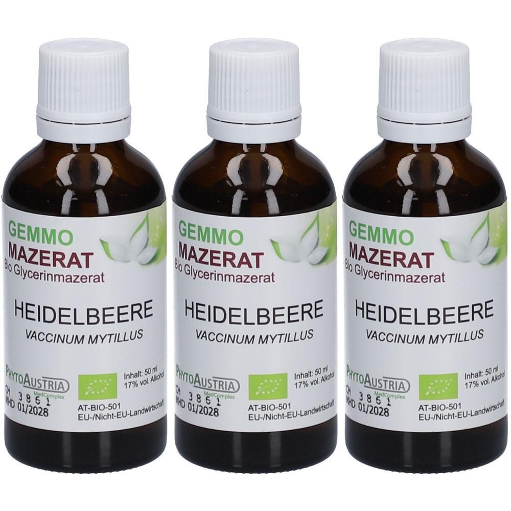 Drei Flaschen Gemmo Mazerat Heidelbeere Bio Glycerinmazerat. Braune Glasflaschen mit weißen Verschlüssen und Etiketten.