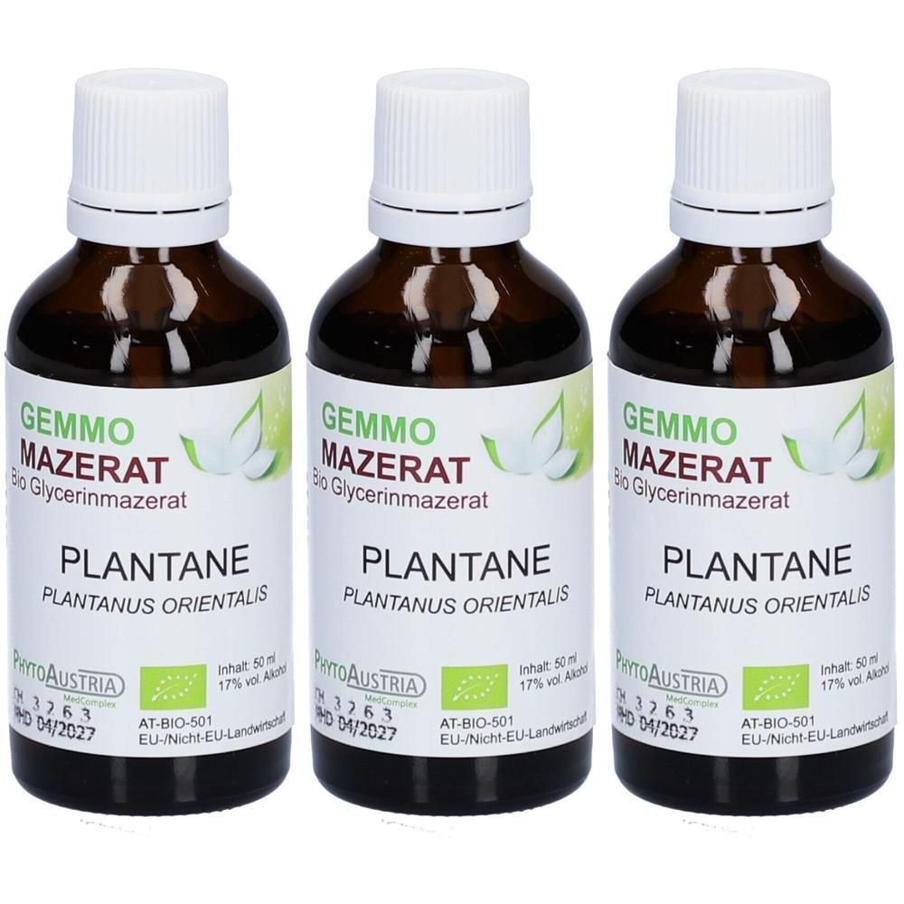 Drei Flaschen Gemmo Mazerat Plantane Bio Glycerinmazerat mit weißen Verschlüssen und Etiketten.