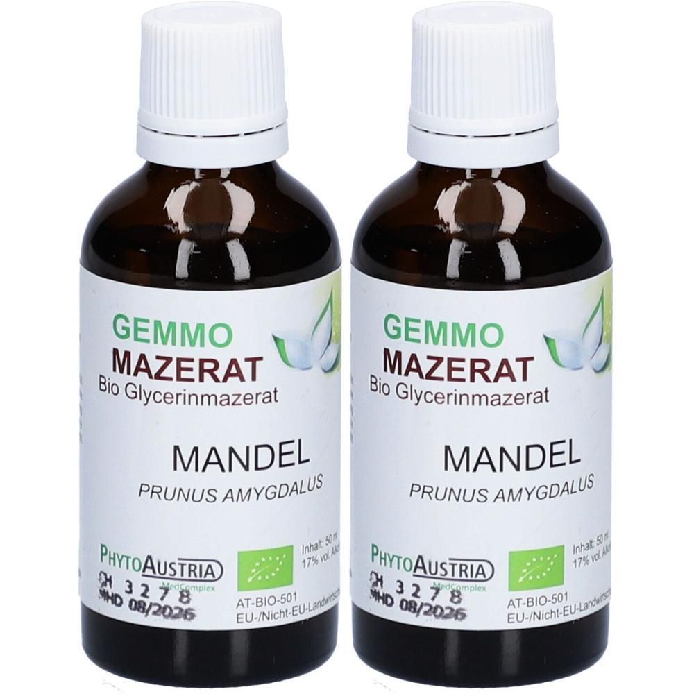 Zwei Flaschen Gemmo Mazerat Mandel Bio Glycerinmazerat von PhytoAustria mit weißen Verschlüssen.