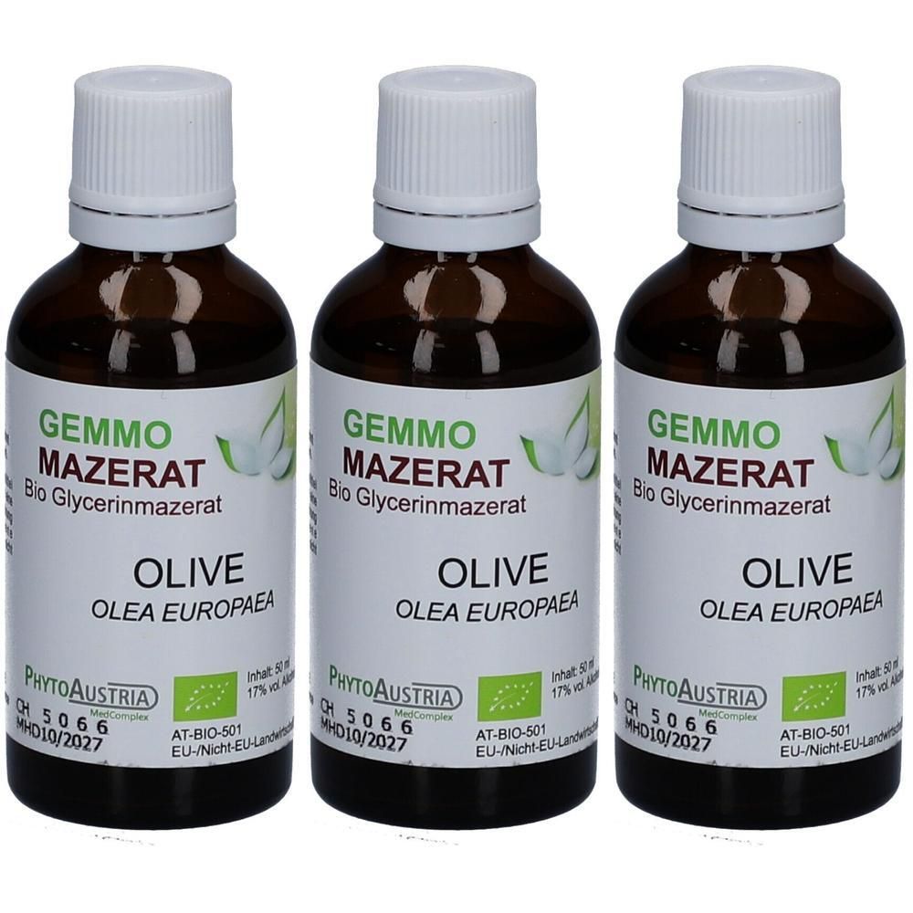 Drei Flaschen GEMMO MAZERAT Bio Olivenöl. Braune Glasflaschen mit weißen Verschlüssen und Etiketten.