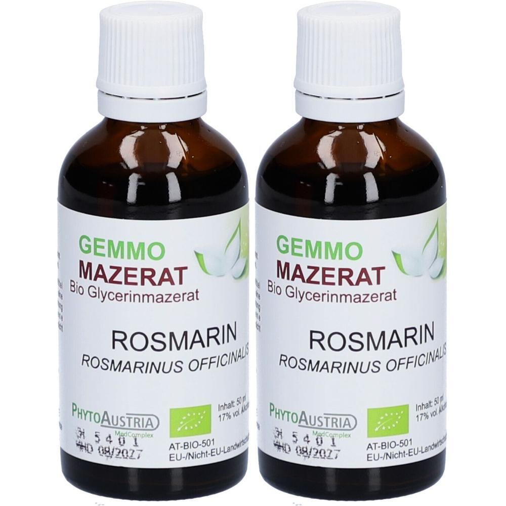 Zwei braune Glasflaschen mit weißem Verschluss, gefüllt mit Rosmarin Gemmo Mazerat.