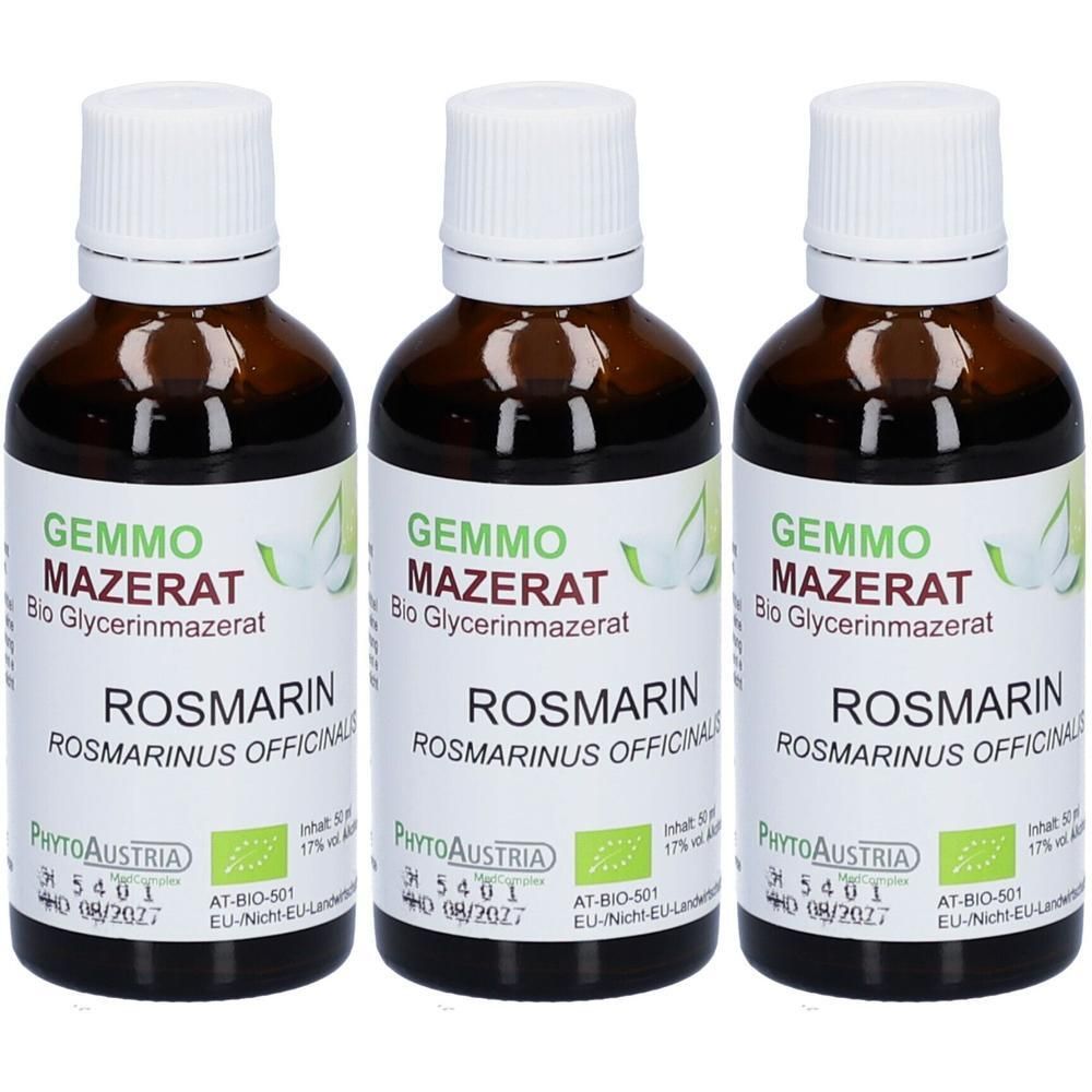Drei Flaschen Gemmo Mazerat Rosmarin Bio Glycerinmazerat von PhytoAustria mit Bio-Siegel.