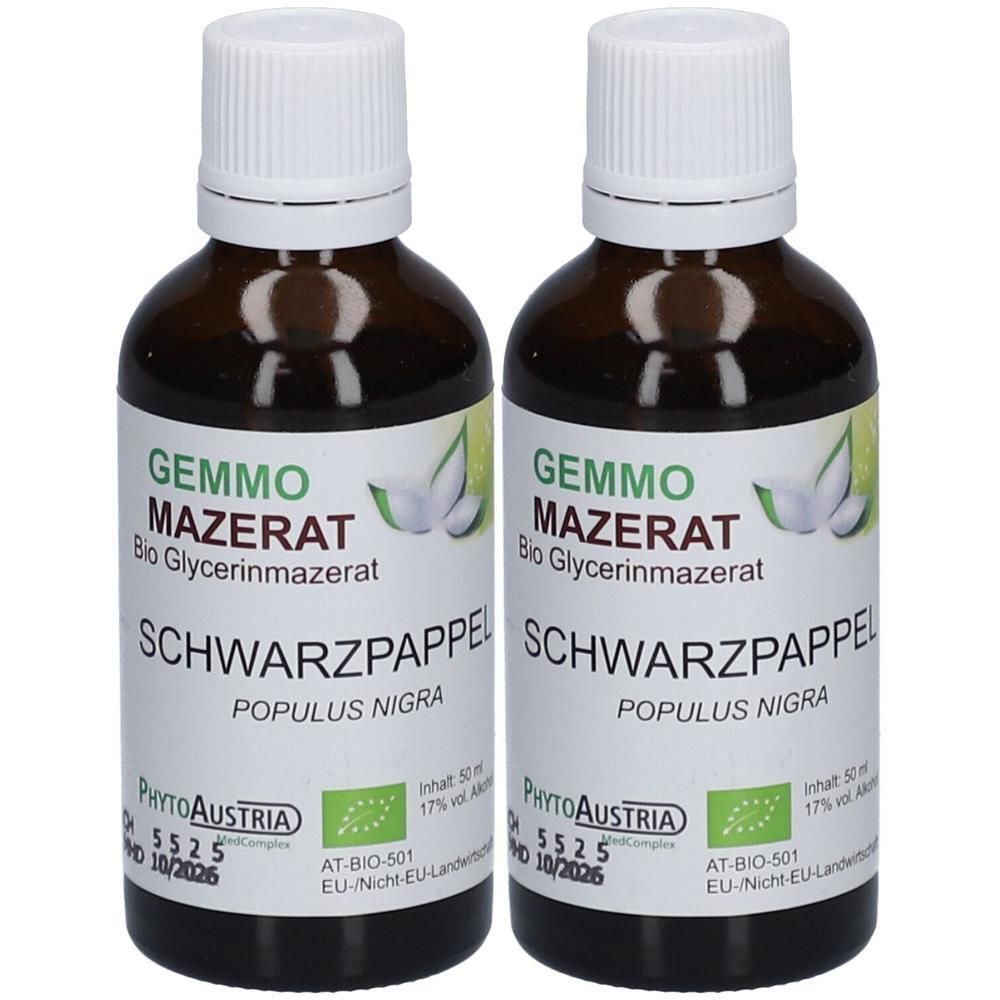 Zwei braune Glasflaschen mit weißem Deckel, gefüllt mit schwarzer Pappel Glycerinmazerat.