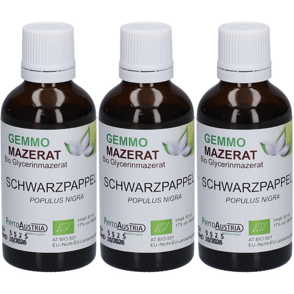Drei Flaschen Gemmo Mazerat Schwarzpappel Bio Glycerinmazerat von PhytoAustria mit weißen Verschlüssen und Etiketten.