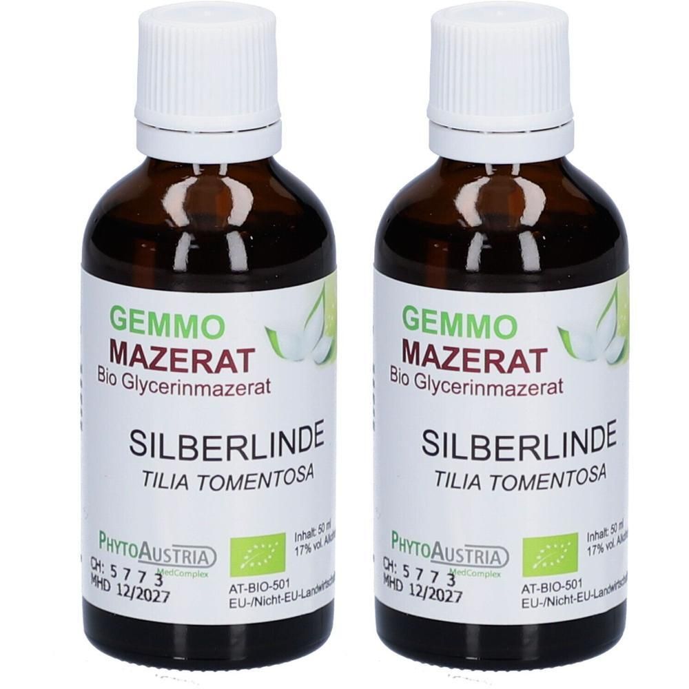 Zwei Flaschen GEMMO MAZERAT Bio Glycerinmazerat Silberlinde (Tilia tomentosa). Braunglasflaschen mit weißem Schraubverschluss.