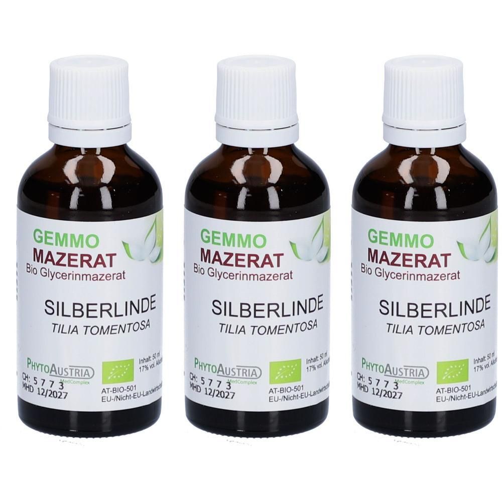 Drei braune Glasflaschen mit weißen Verschlüssen, gefüllt mit flüssigem Extrakt. Etiketten zeigen "GEMMO MAZERAT Bio Glycerinmazerat SILBERLINDE".