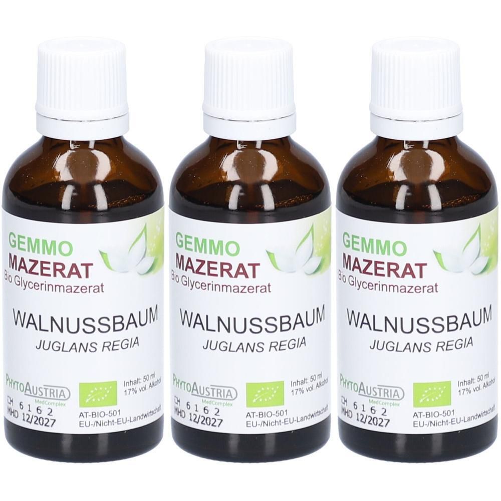 Drei braune Glasflaschen mit weißem Verschluss, gefüllt mit Walnussbaum Gemmo Mazerat.