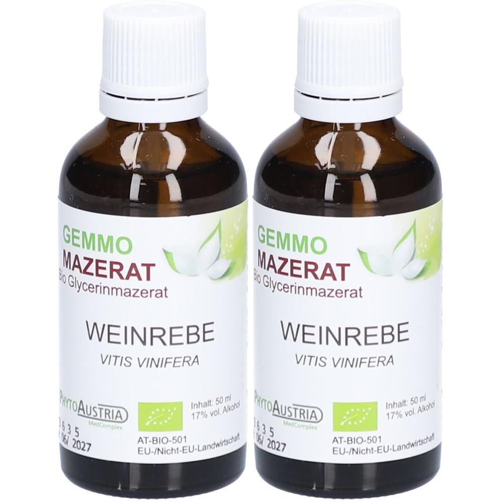Zwei Flaschen GEMMO MAZERAT BIO WEINREBE Glycerinmazerat, je 50 ml.