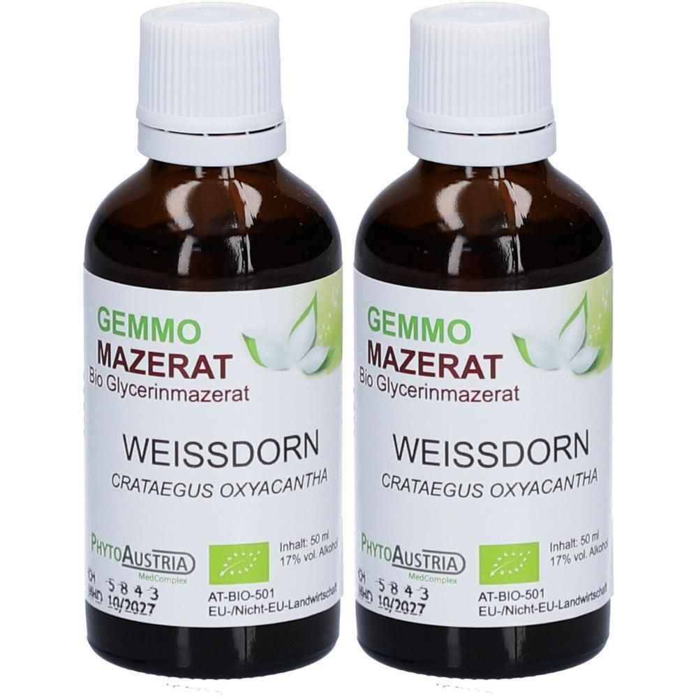 Zwei Flaschen Gemmo Mazerat Bio Weißdorn mit weißen Schraubverschlüssen. Braune Glasflaschen mit Etiketten.