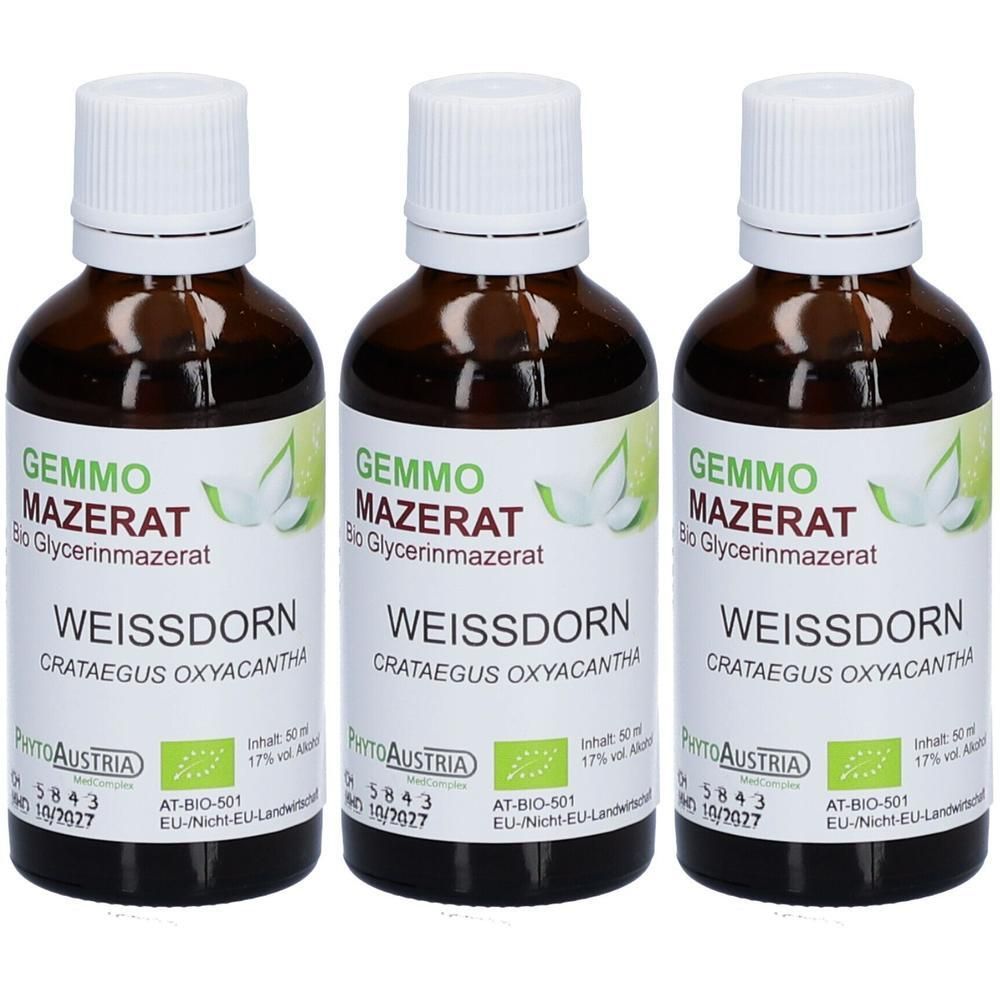 Drei braune Glasflaschen mit weißem Schraubverschluss, gefüllt mit weißem Dorn-Glycermazerat.