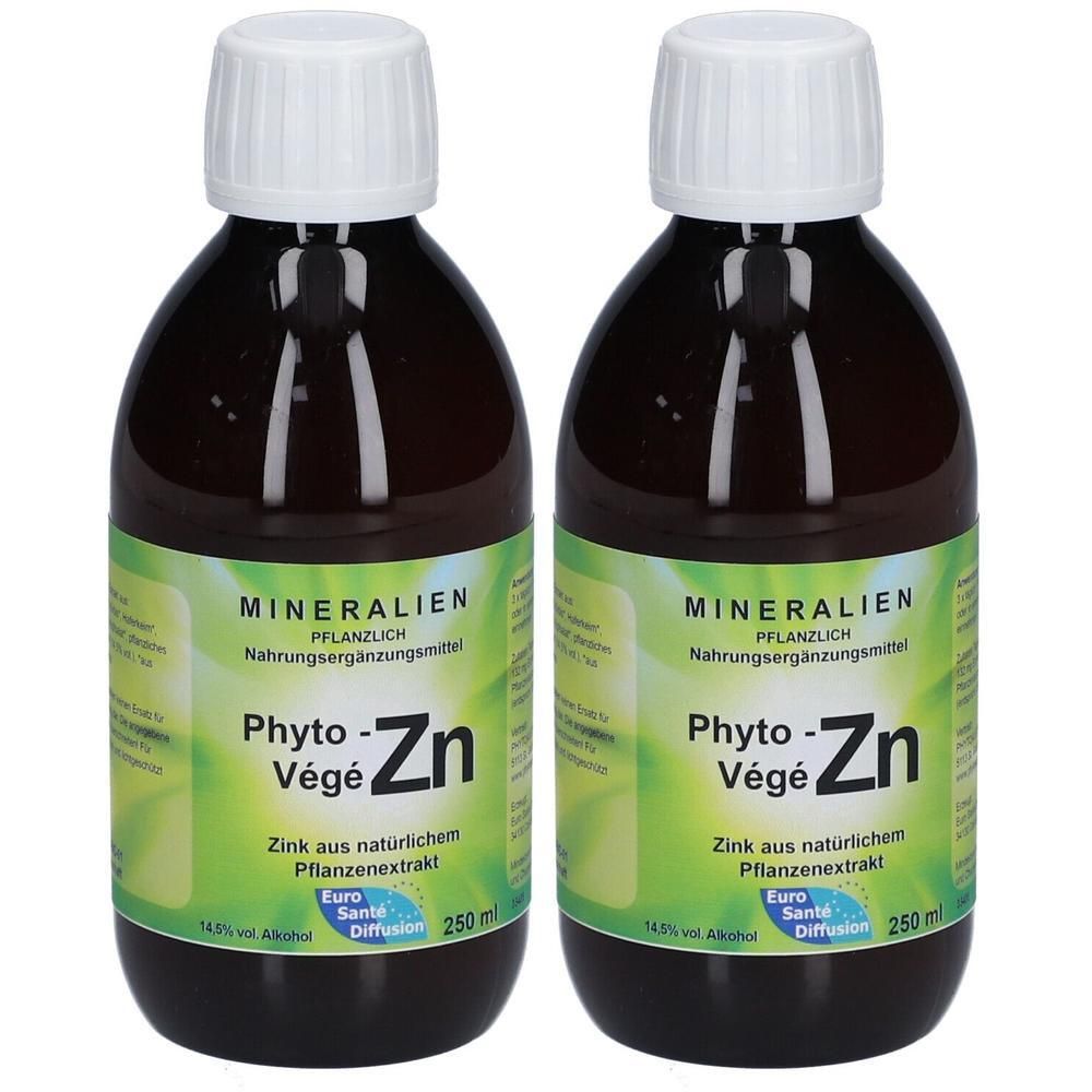 Zwei Flaschen Phyto-Vége Zn, pflanzliches Nahrungsergänzungsmittel mit Zink aus Pflanzenextrakt, je 250ml.