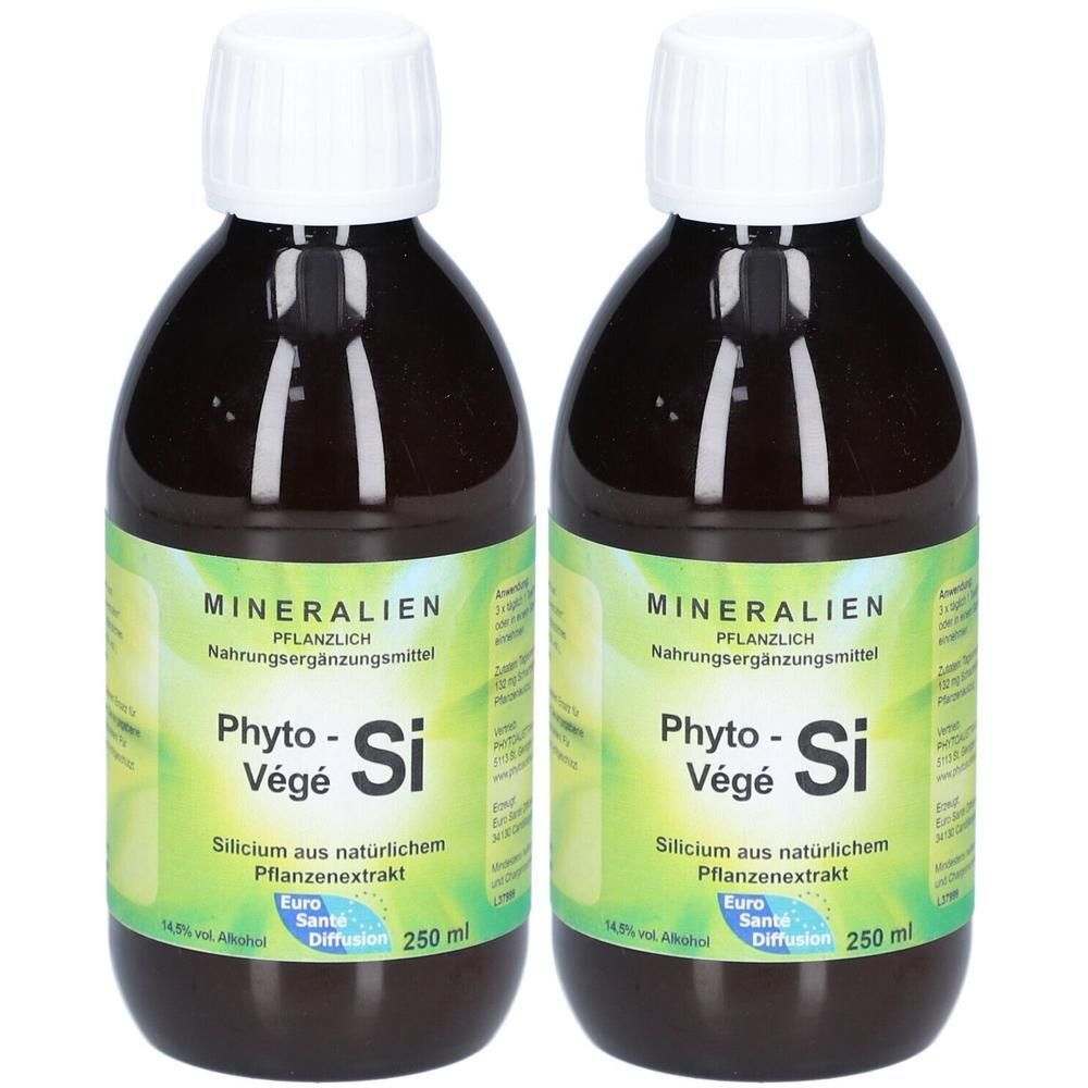 Zwei dunkle Glasflaschen mit weißem Schraubverschluss, gefüllt mit flüssigem Nahrungsergänzungsmittel. Etikett mit 'Phyto - Végé Si'.