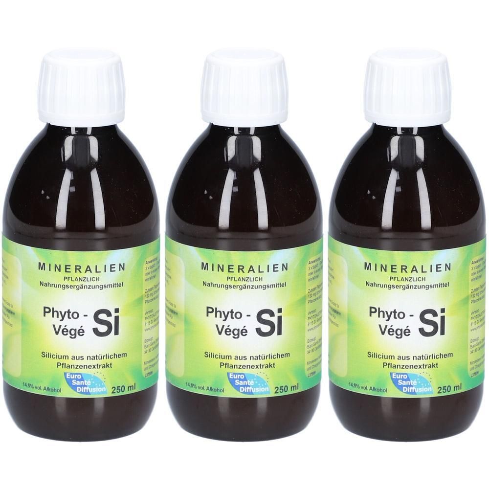 Drei braune Glasflaschen mit weißem Schraubverschluss, gefüllt mit Phyto-Si Nahrungsergänzungsmittel. 250 ml.