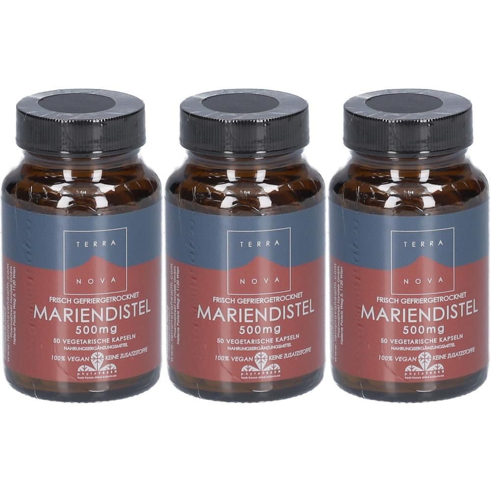 Drei Flaschen Mariendistel 500mg Kapseln, 60 vegetarische Kapseln pro Flasche, 100% Vegan.