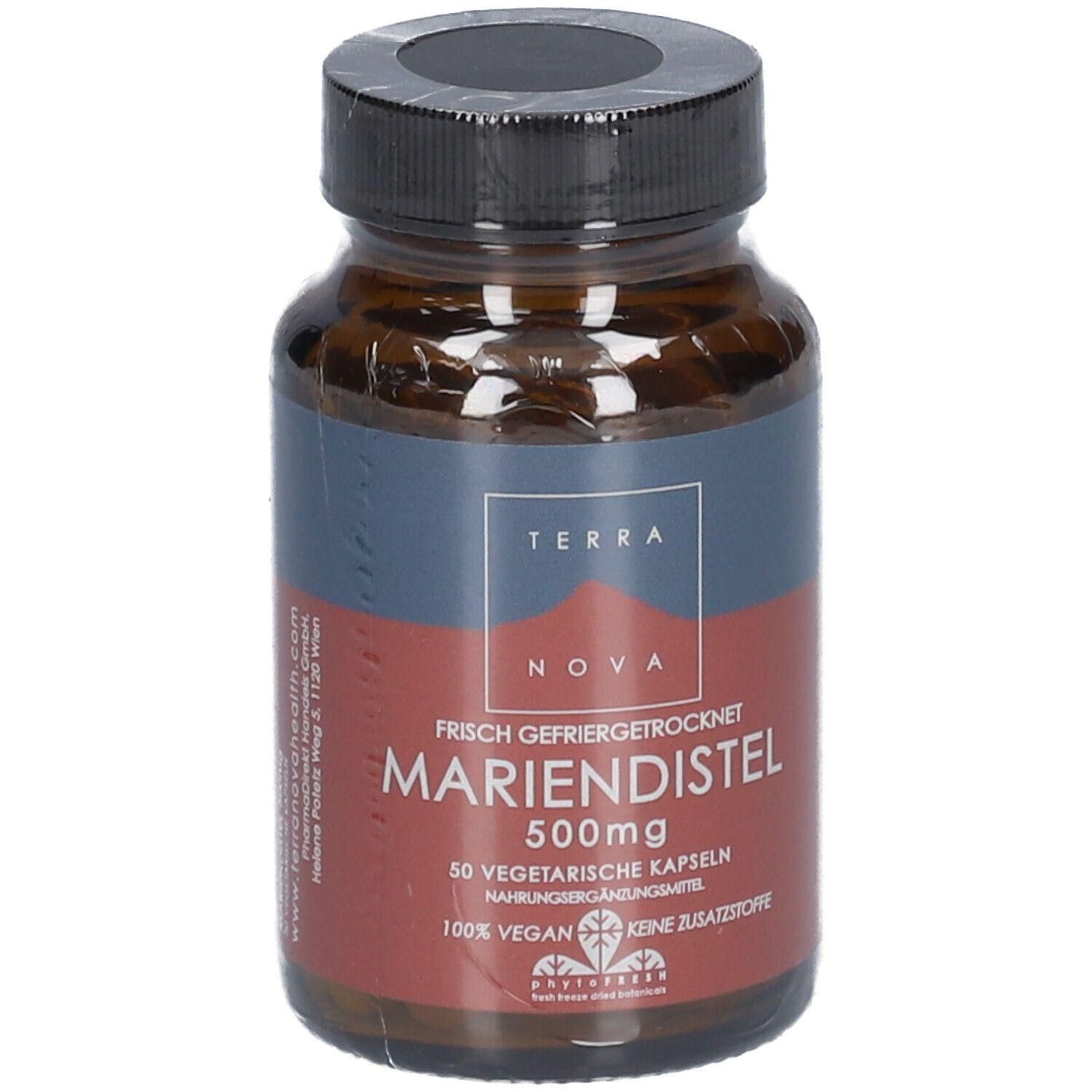 Bernsteinfarbene Glasflasche mit schwarzem Schraubverschluss. Enthält 50 vegetarische Kapseln Mariendistel 500mg.