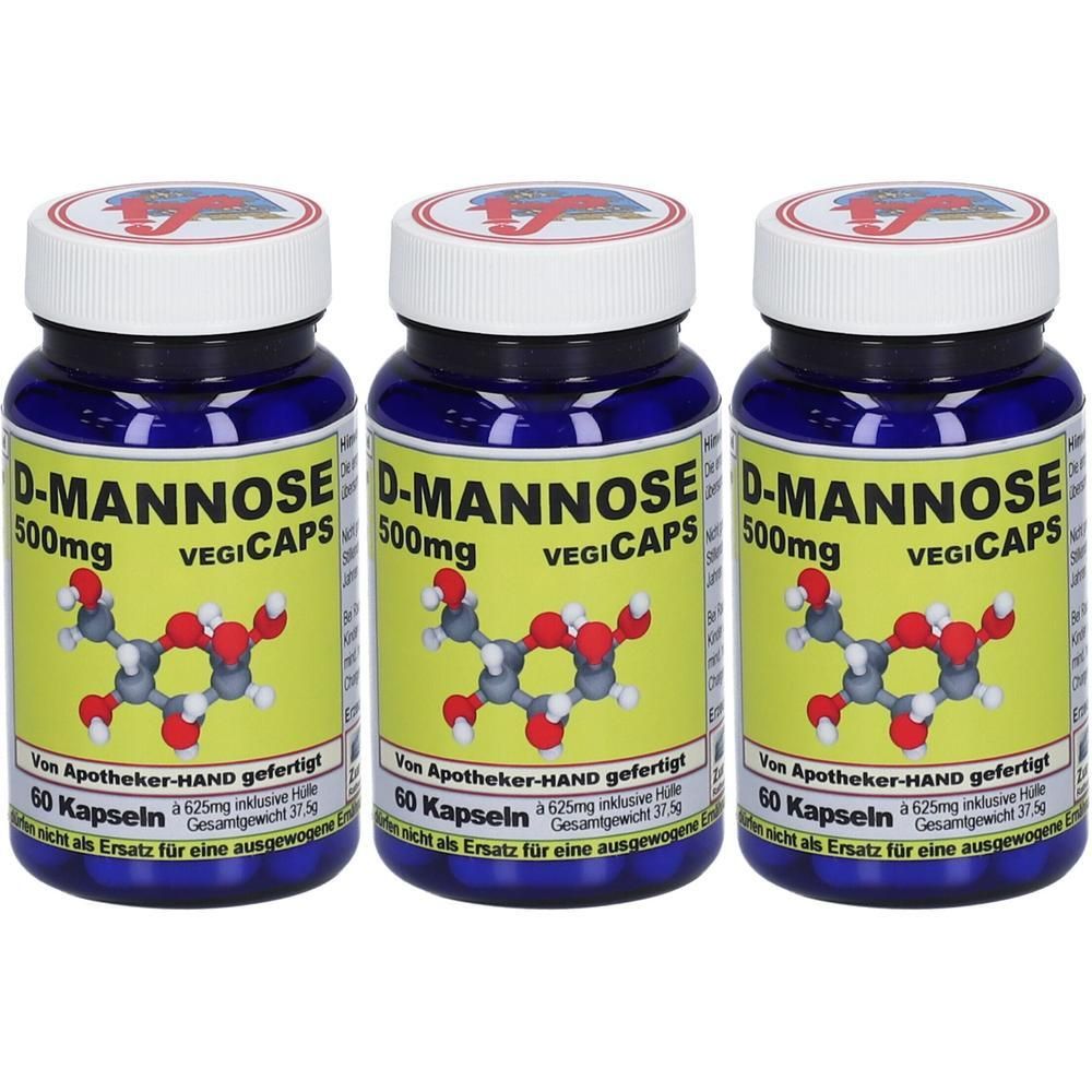 Drei Flaschen D-Mannose 500mg Vegicaps mit Molekülstruktur-Grafik und Kapselanzahl.