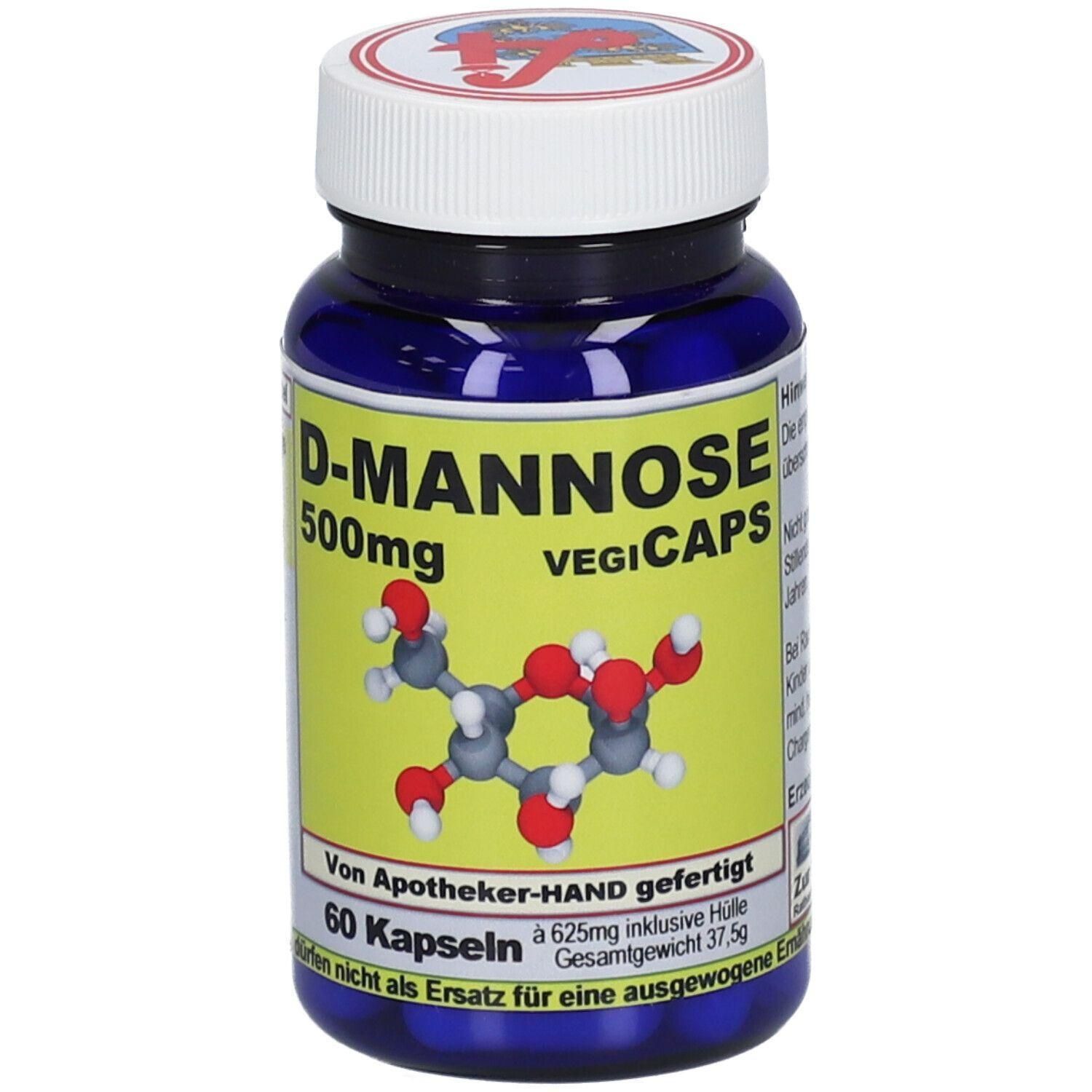 D-Mannose Vegicaps Kapseln in blauem Behälter mit chemischer Strukturformel.