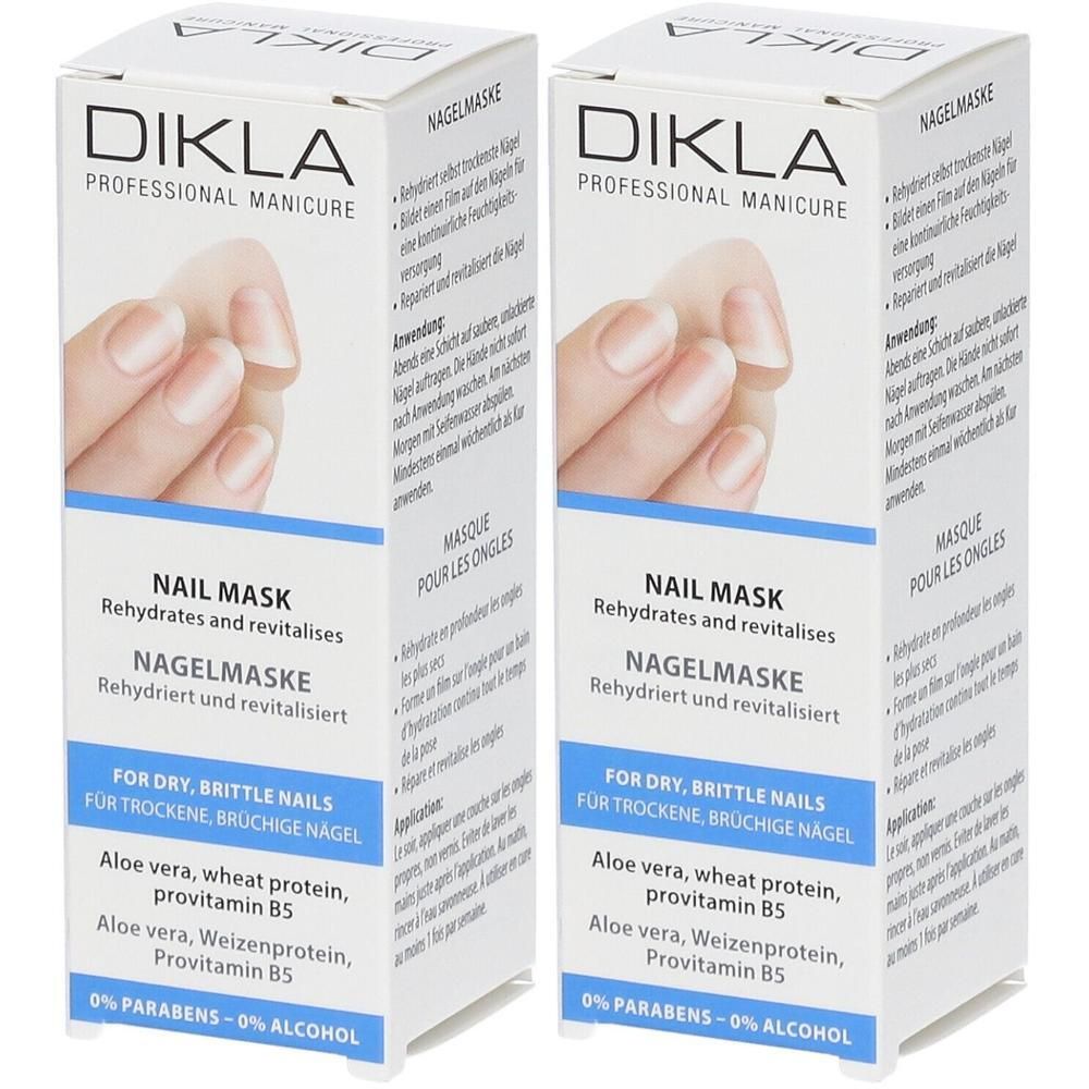 Zwei Packungen DIKLA Nagelmaske für trockene, brüchige Nägel. Enthält Aloe Vera, Weizenprotein, Provitamin B5. Ohne Parabene und Alkohol.