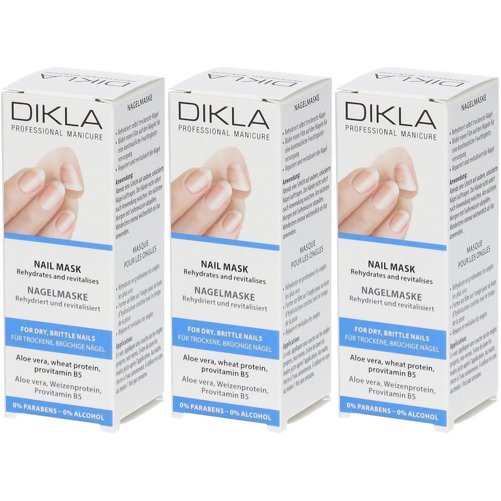 Drei Schachteln DIKLA Nagelmaske für trockene, brüchige Nägel. Enthält Aloe Vera, Weizenprotein, Provitamin B5.