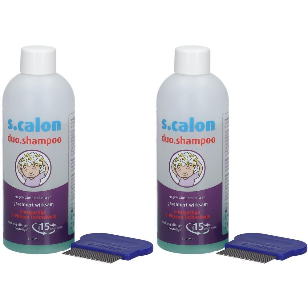 Zwei Flaschen S.Calon Duo Shampoo mit je einem Läusekamm. 200ml Flaschen.