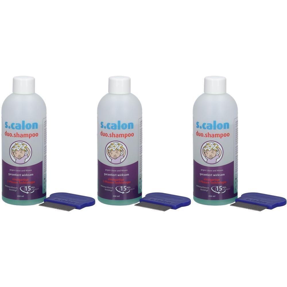 Drei Flaschen S.Calon Duo Shampoo mit je einem blauen Läusekamm.