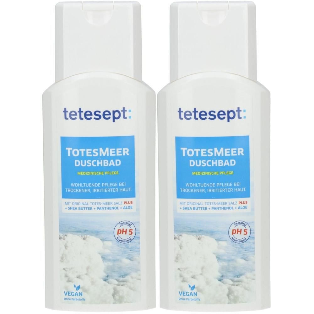 Zwei tetesept Totes Meer Duschbad Flaschen mit pH 5 und Vegan-Siegel.