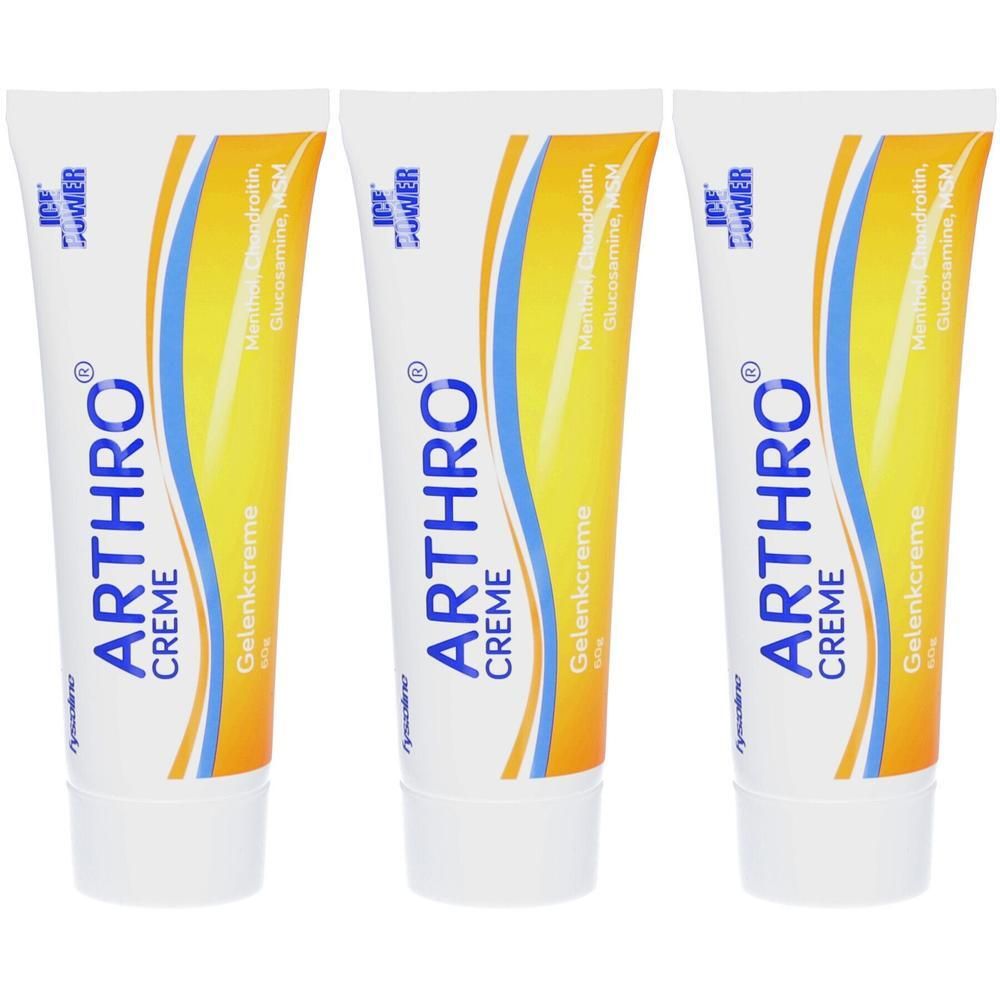Drei Tuben ARTHRO CREME Gelenkcreme mit ICE POWER Logo. Gelbe und blaue Wellenlinien auf weißem Hintergrund.
