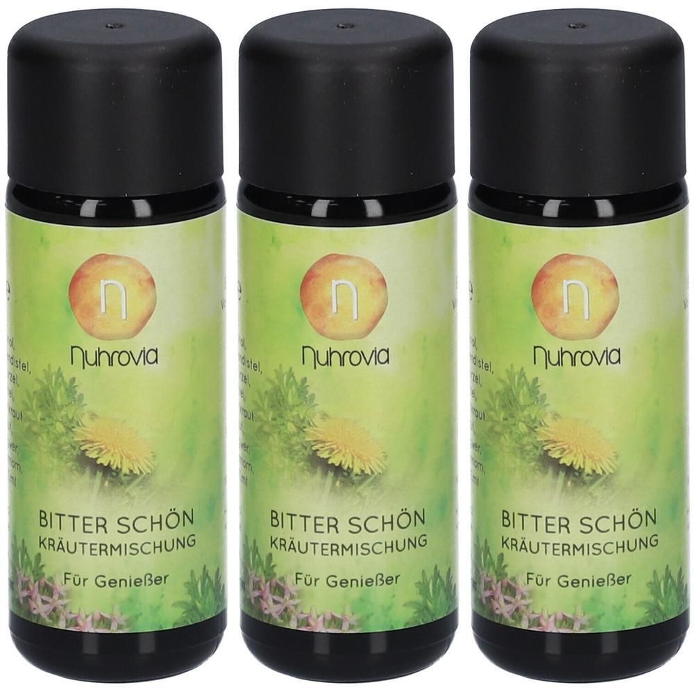 Drei Flaschen Nuhrovia Bitter Schön Kräutermischung mit schwarzem Deckel und Etikett mit Löwenzahn.