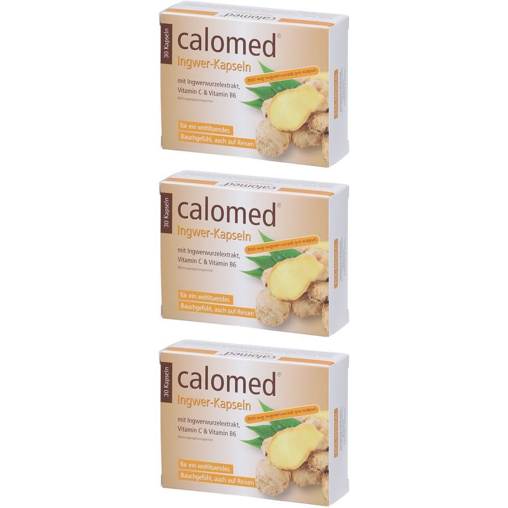 Drei Packungen calomed Ingwer-Kapseln mit Ingwer, Vitamin C & B6. Packungsdesign zeigt Ingwerwurzel.