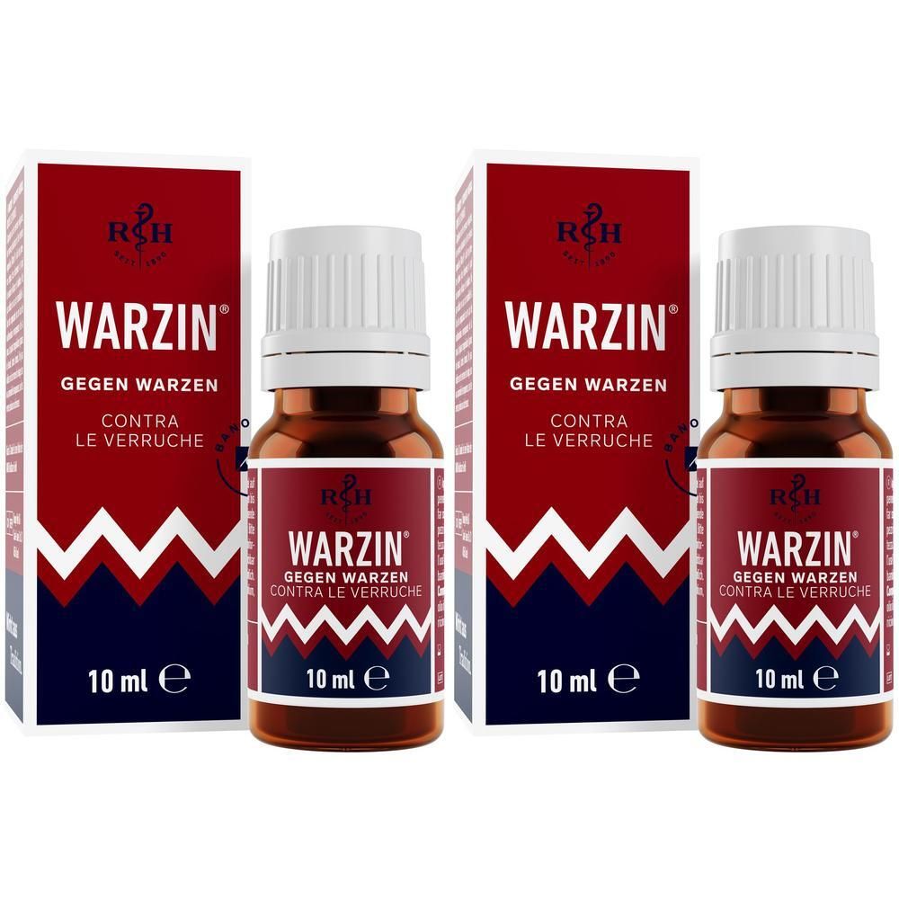 Zwei Fläschchen und Schachteln von WARZIN® gegen Warzen, je 10 ml.