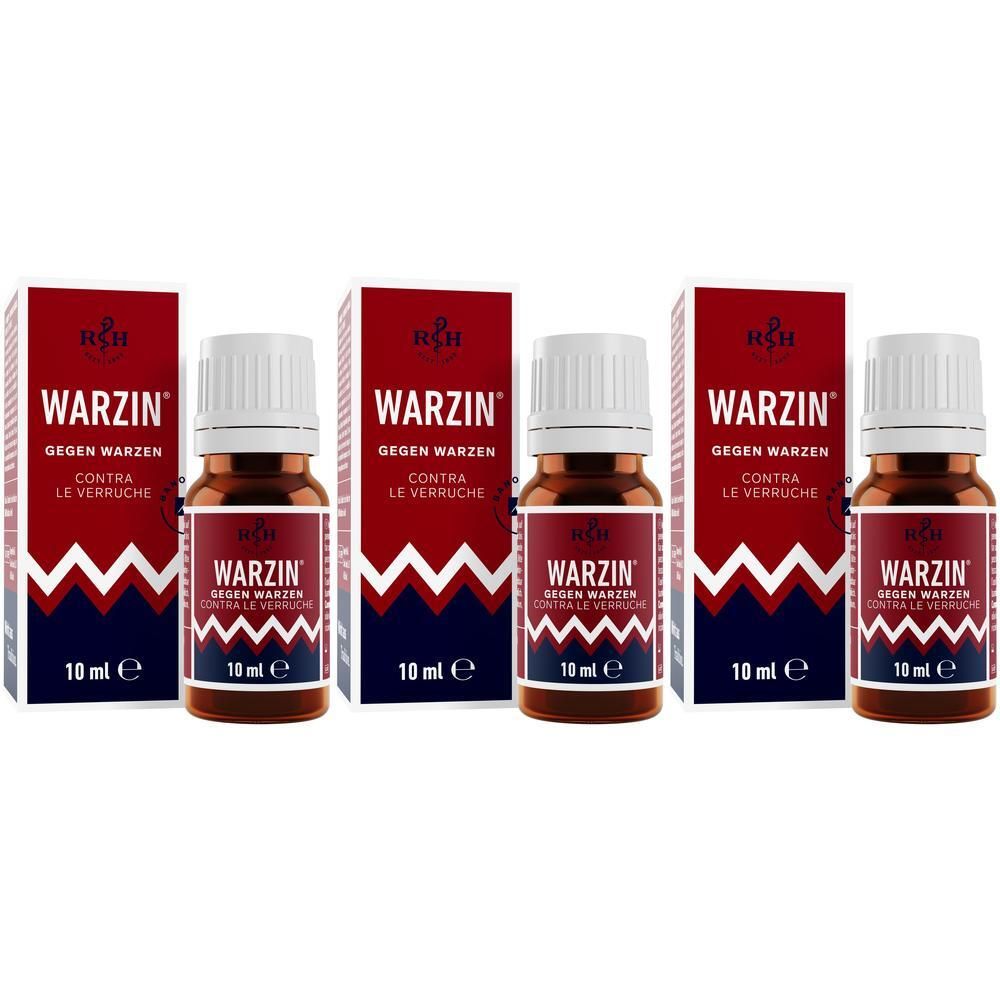 Drei Packungen WARZIN® gegen Warzen, jeweils mit 10 ml Fläschchen.
