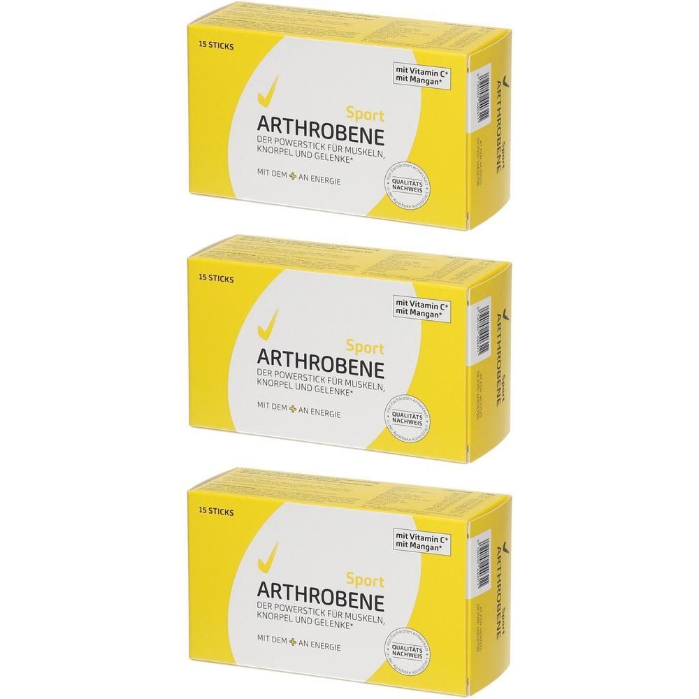 Drei gelbe Schachteln ARTHROBENE SPORT mit je 15 Sticks. Enthält Vitamin C und Mangan.