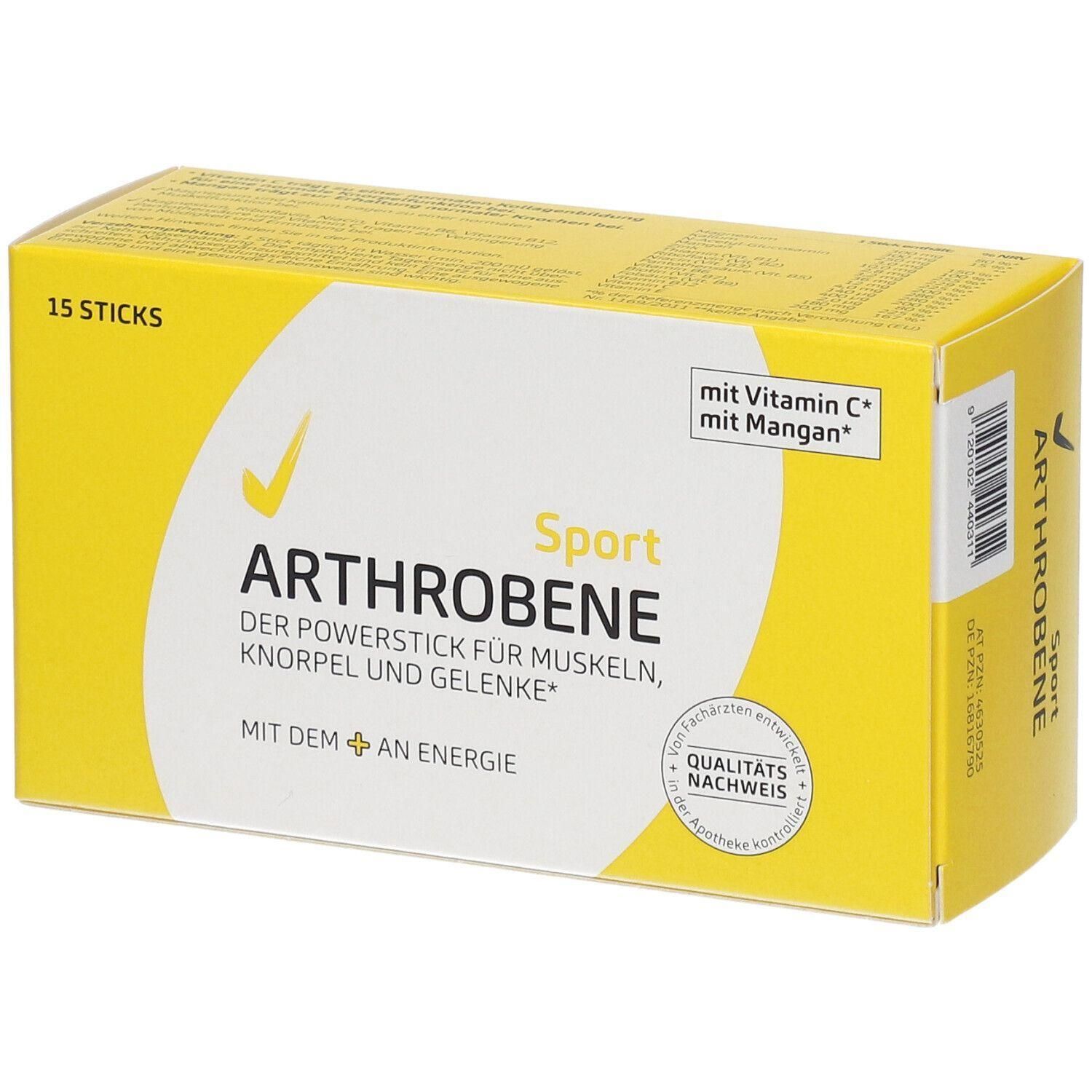 Packung mit 15 Sticks ARTHROBENE SPORT, mit Vitamin C und Mangan.