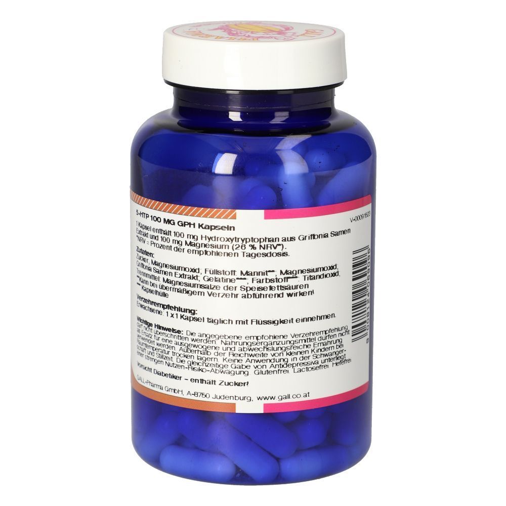 Rückseite einer blauen Flasche mit 5-HTP Kapseln von Gall Pharma, 100 mg GPH.