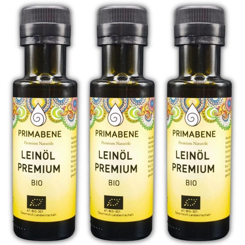 Drei Flaschen PRIMABENE Leinöl Premium Bio mit schwarzem Schraubverschluss und gelbem Etikett.
