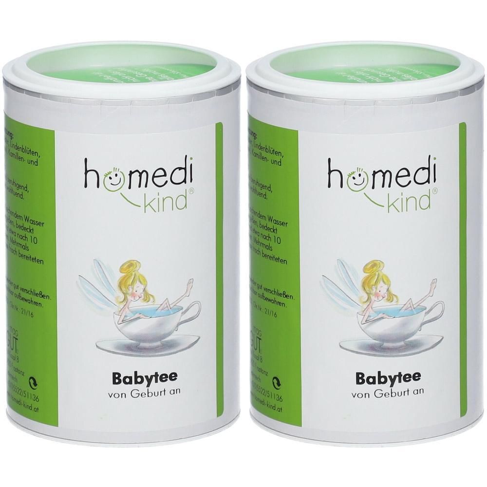 Zwei Dosen homedi-kind Babytee mit Feenmotiv und Aufschrift "Babytee von Geburt an".