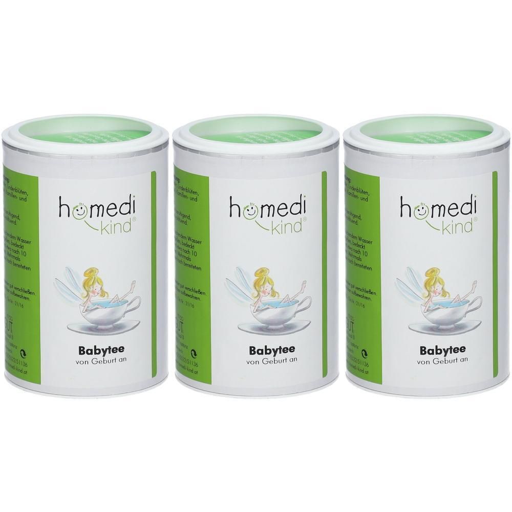 Drei Dosen homedi kind Babytee mit Feenmotiv und Aufschrift 'Babytee von Geburt an'.