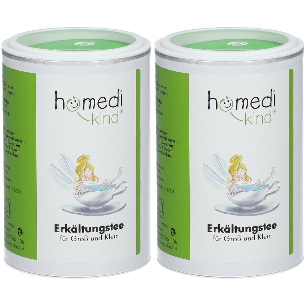 Zwei Dosen homedi-kind® Erkältungstee für Groß und Klein mit Elfenmotiv.