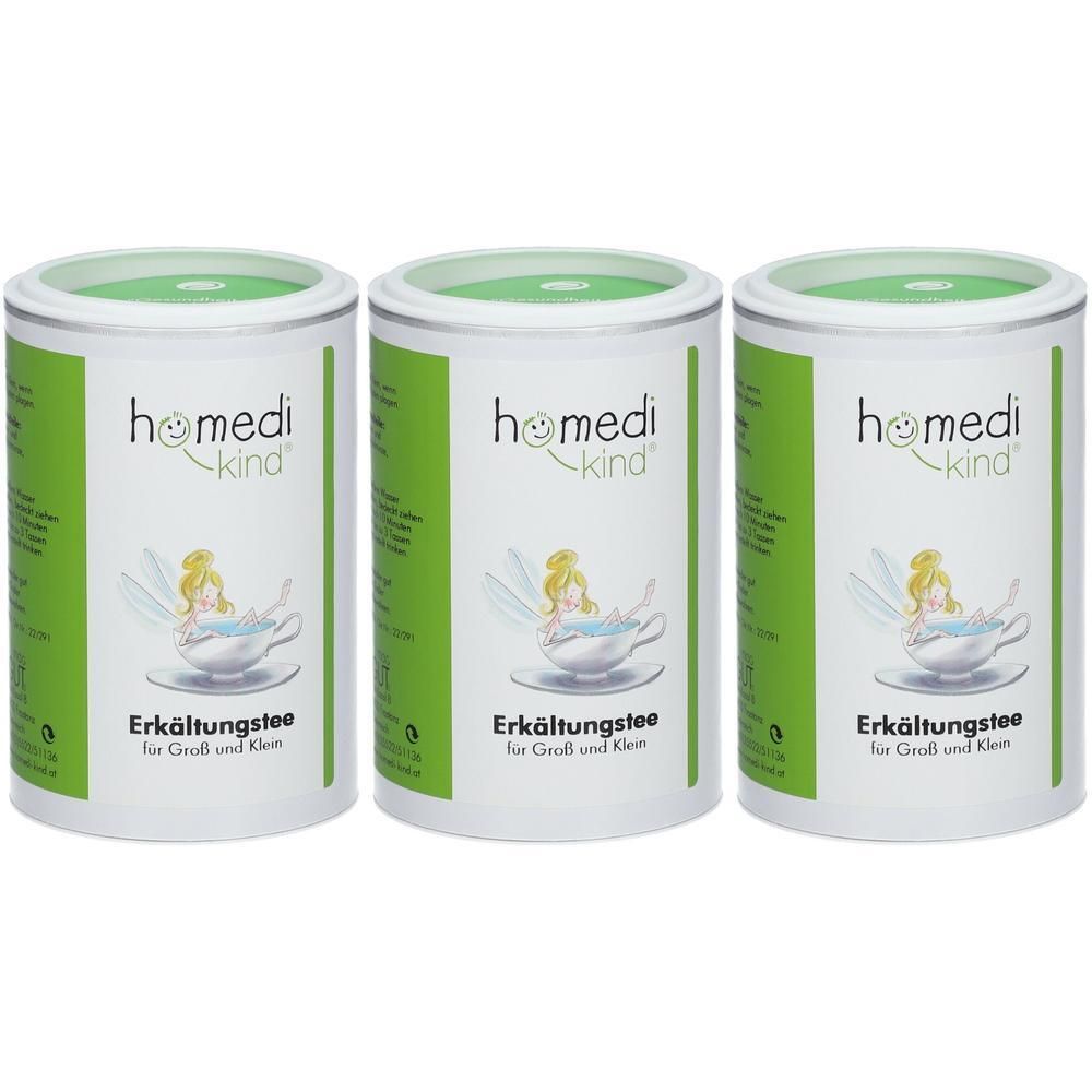 Drei Dosen homedi-kind® Erkältungstee mit Elfenmotiv. Weiß und grün.