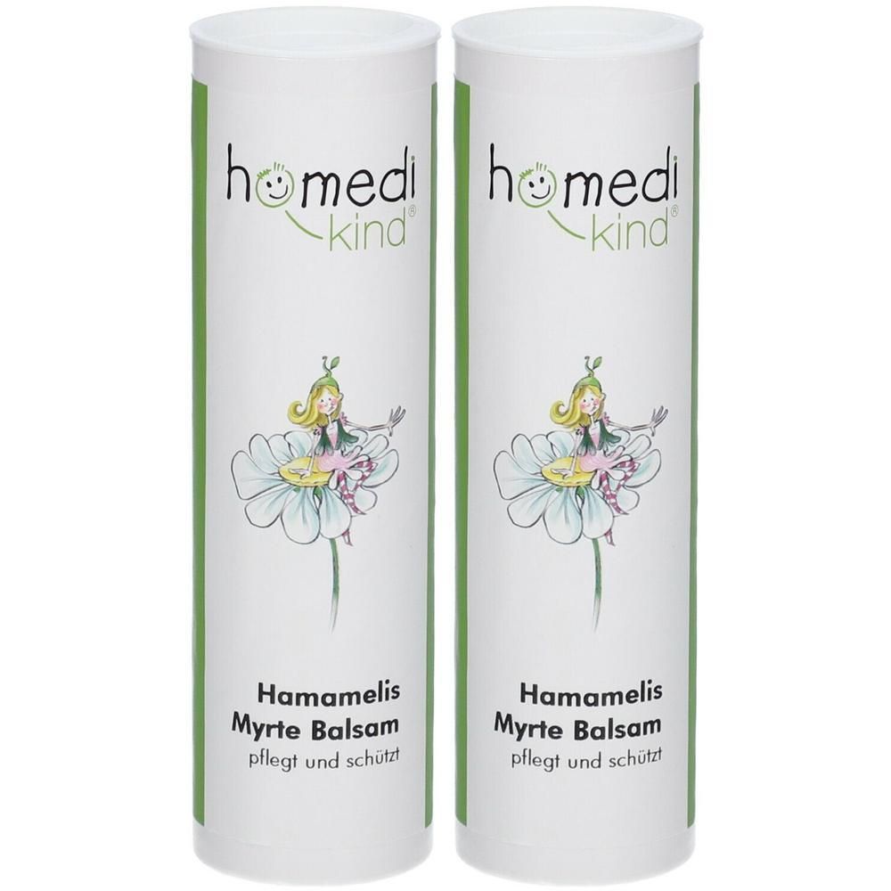 Zwei Tuben homedi-kind® Hamamelis-Myrte Balsam mit Illustration einer Blume und Fee.