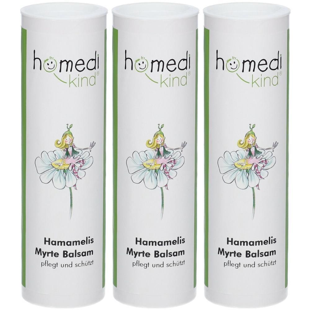 Drei Tuben homedi-kind® Hamamelis-Myrte Balsam mit Elfenmotiv und Blüten. Pflegt und schützt.