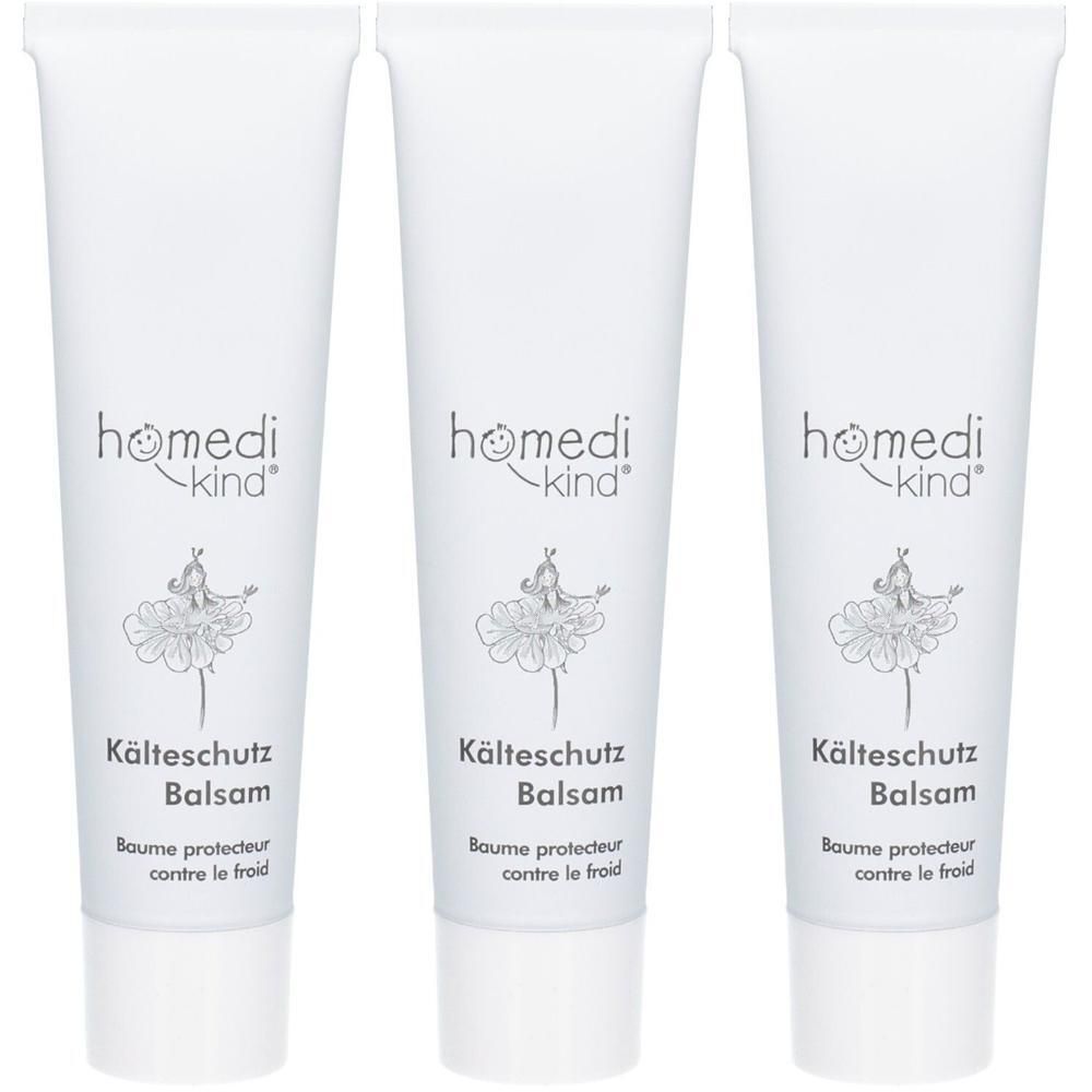 Drei weiße Tuben homedi-kind Kälteschutz Balsam mit einer Ballerina-Grafik.