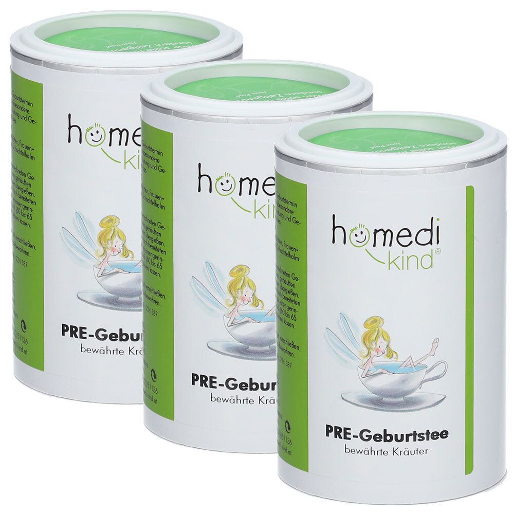 Drei Dosen homedi-kind® Pre-Geburtstee mit Kräutern. Weiße Dosen mit grünen Akzenten und Comic-Elfe.
