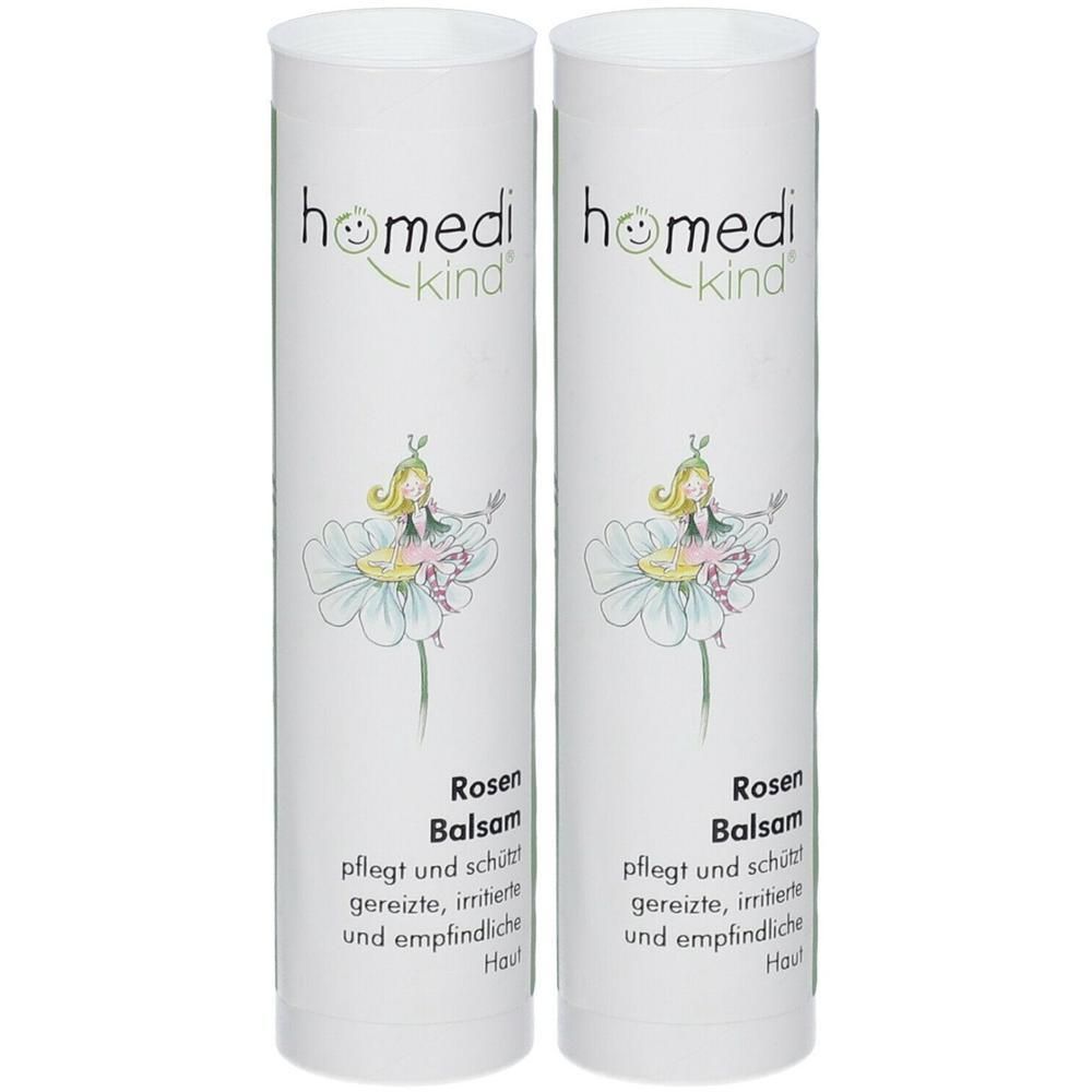 Zwei Tuben homedi-kind® Rosen Balsam mit Blumenmädchen-Illustration.