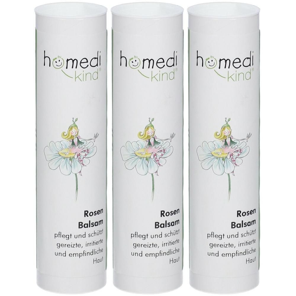 Drei Tuben homedi-kind® Rosen Balsam mit ballerinaähnlicher Figur auf einer Blume.