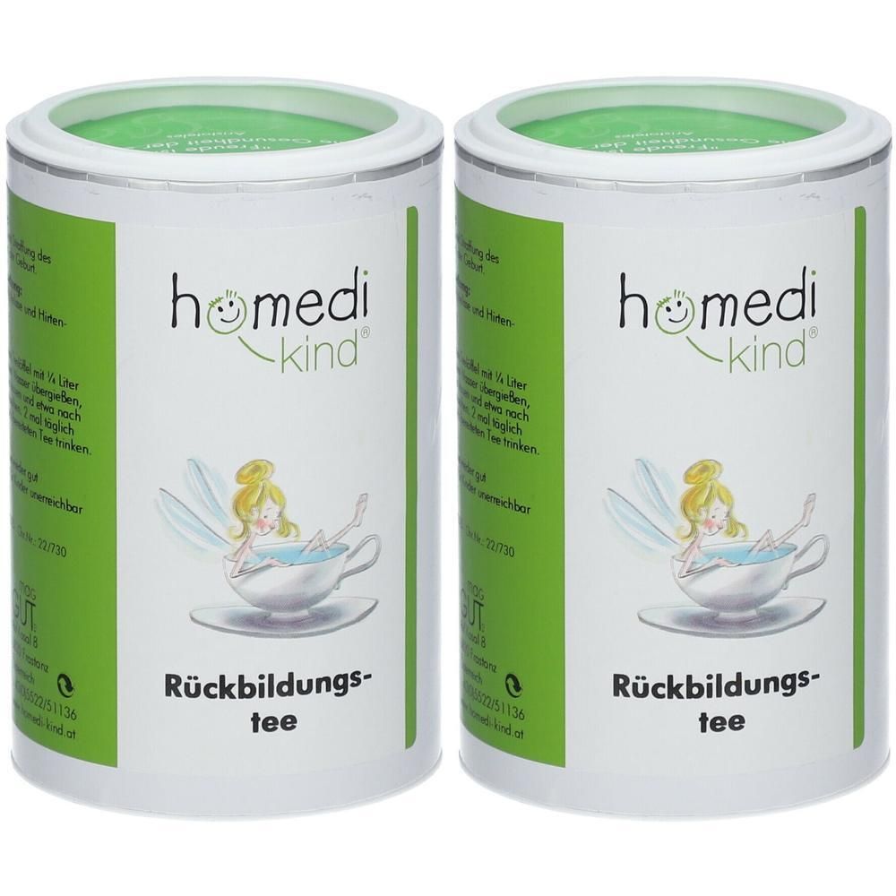 Zwei Dosen homedi kind® Rückbildungstee mit Elfenmotiv.