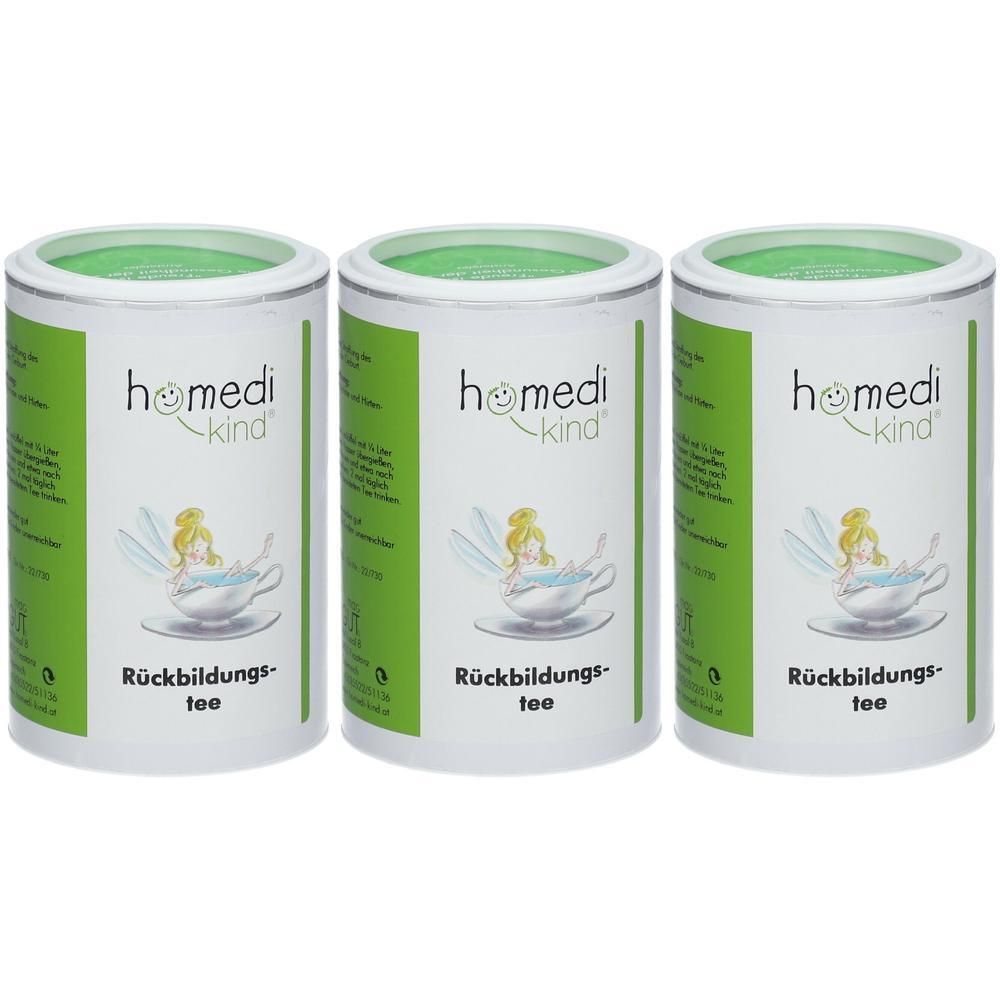 Drei Dosen homedi kind® Rückbildungstee mit Feenmotiv und grünen Deckeln.